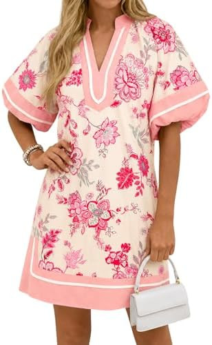 Wenrine Womens Summer Mini Dress Puff Sleeve Casual V Neck Floral Color Block Side Slit Loose Shi... | Amazon (US)