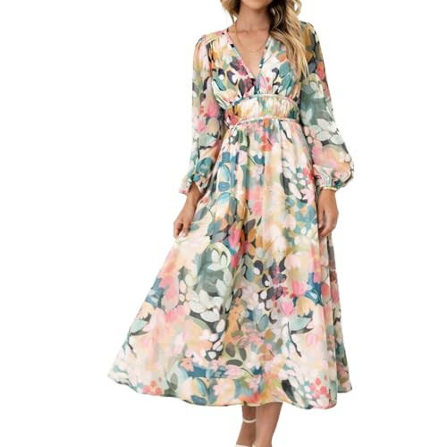 LOZ Women's Long Sleeve Spring Dresses 2026 V-Neck Puff Sleeve Multicolor Floral Dresses Elegant ... | Amazon (US)