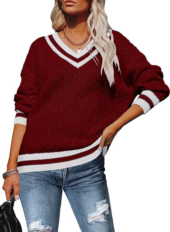 MIHOLL Women's V Neck Sweater Long Sleeve Oversized Cable Knit Pullover Jumper Tops | Amazon (US)