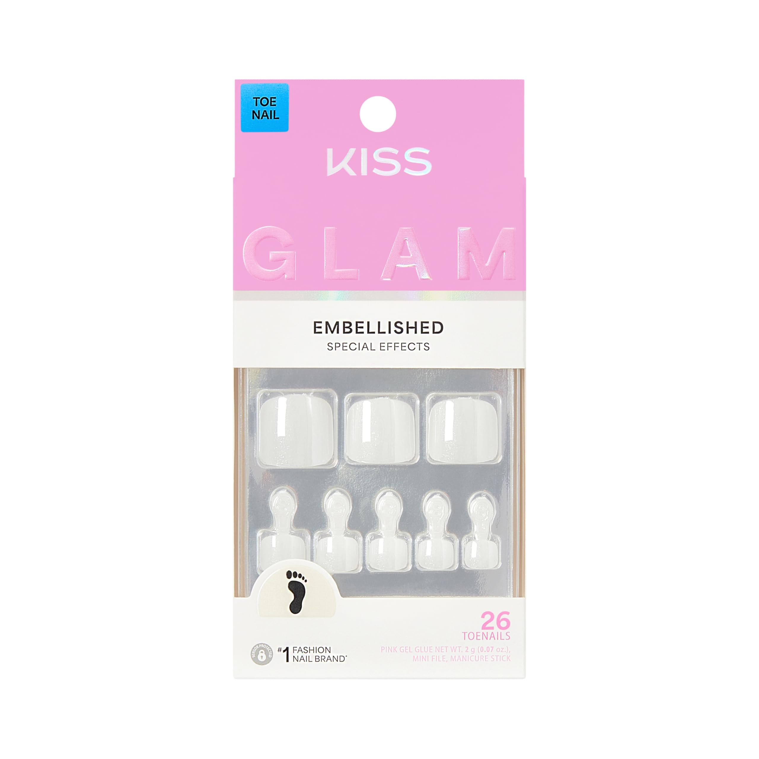 KISS GLAM Embellished Press On Toenails, Twinkle Toes, White, Squoval, 26 Count | Amazon (US)