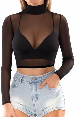 MANGOPOP Women's Short Sleeve Long Sleeve Sheer Mesh Crop Tops Tee Shirt Blouse | Amazon (US)