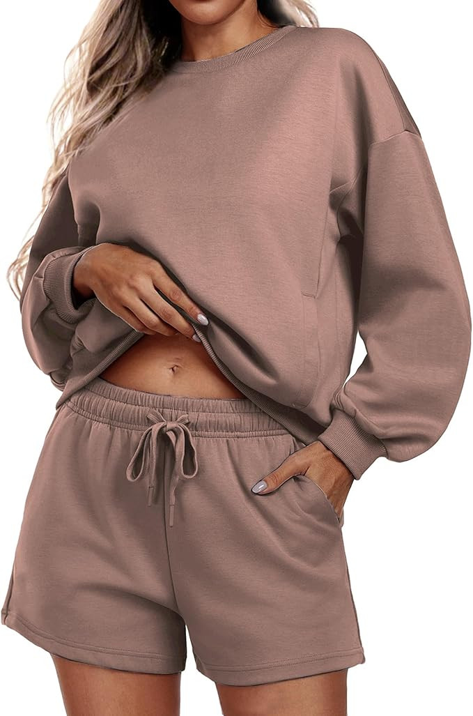 PINSPARK Two Piece Sets for Women 2024 Fall Outfits Sweatsuit 4 Pockets Sweat Short Sets Casual M... | Amazon (US)