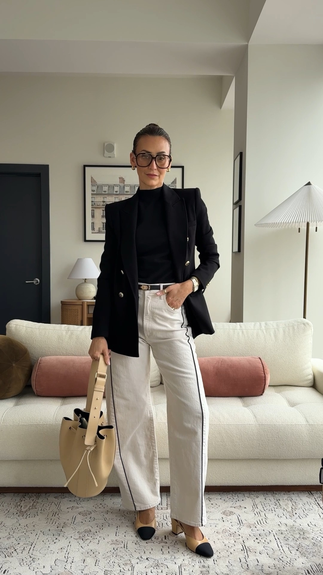 Day 3 of Jeans Outfits 🖤🍦 went for another half pipe jean that paired so well with the blazer and was the perfect outfit to speak at a content creation class at @purduecom - invited by Lindsay! 
Ended yo with the chanel shoes (that my intern Kaylee chose!) 

Jeans size 26, blazer xs and amazing fit linked similars for top, shoes and Sezane bag! 

#LTKWorkwear #LTKStyleTip #LTKWatchNow