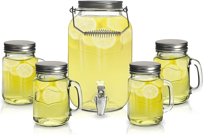 Mason Jar Glass Beverage Dispenser with Jar Mugs and Lids, 5 pcs Set | Amazon (US)