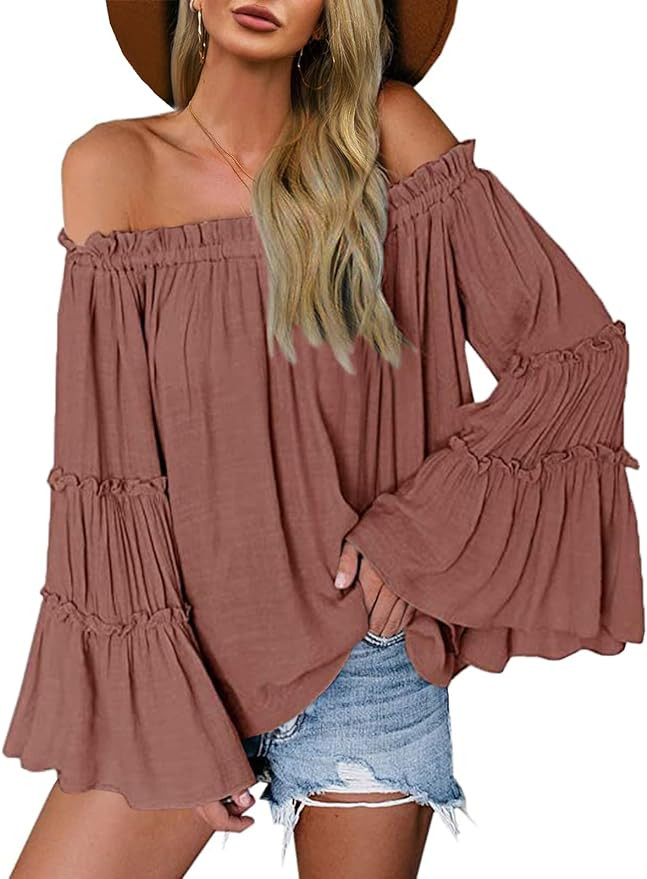Womens Off The Shoulder Long Bell Sleeve Tops Flared Casual Loose Blouse | Amazon (US)
