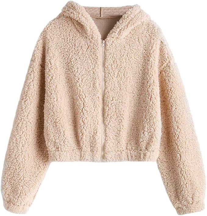 ZAFUL Women's Zip Up Faux Shearling Fluffy Hooded Cropped Teddy Jacket Coat | Amazon (US)
