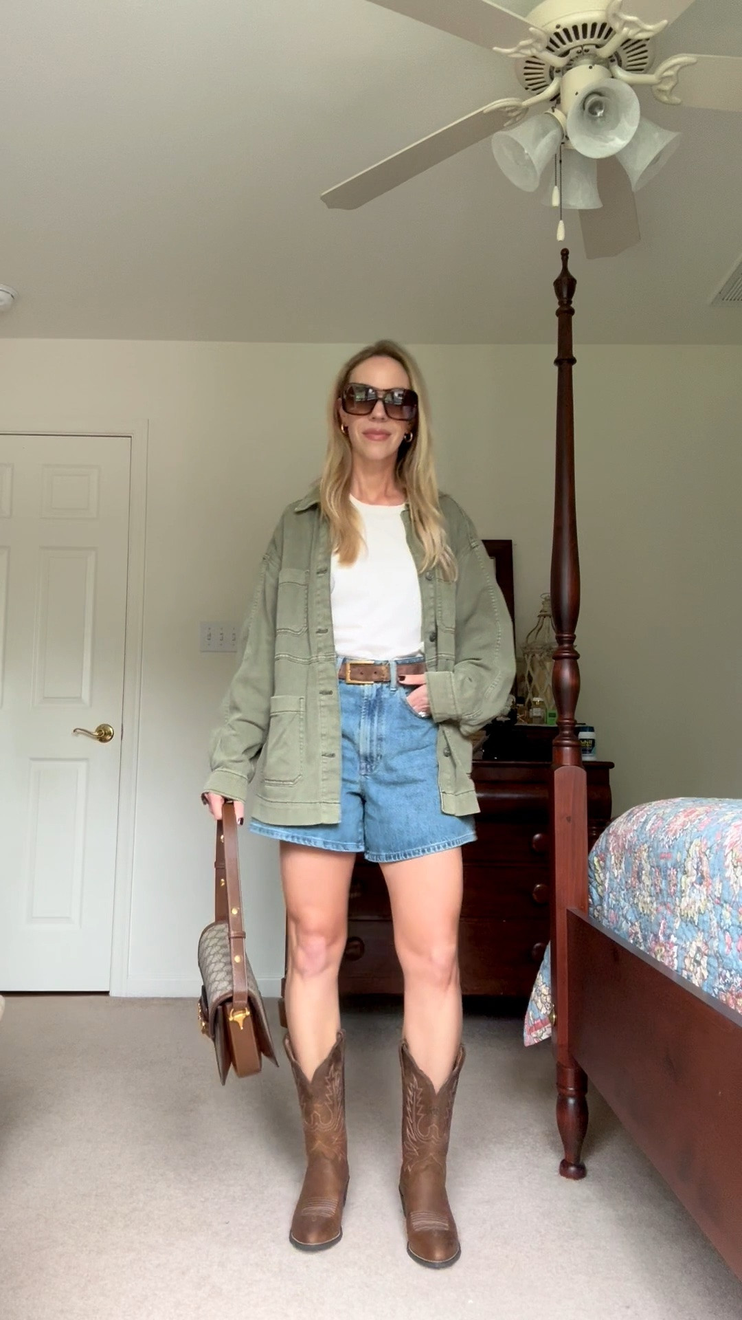 Utility jacket with tee, denim shorts, and cowboy boots early fall outfit

#LTKSeasonal #LTKOver40 #LTKSaleAlert