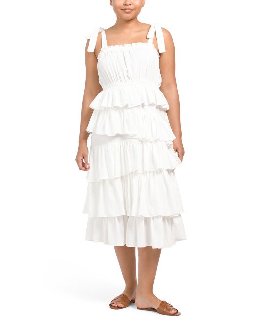 Cotton Tie Shoulder Tiered Midi Dress | TJ Maxx
