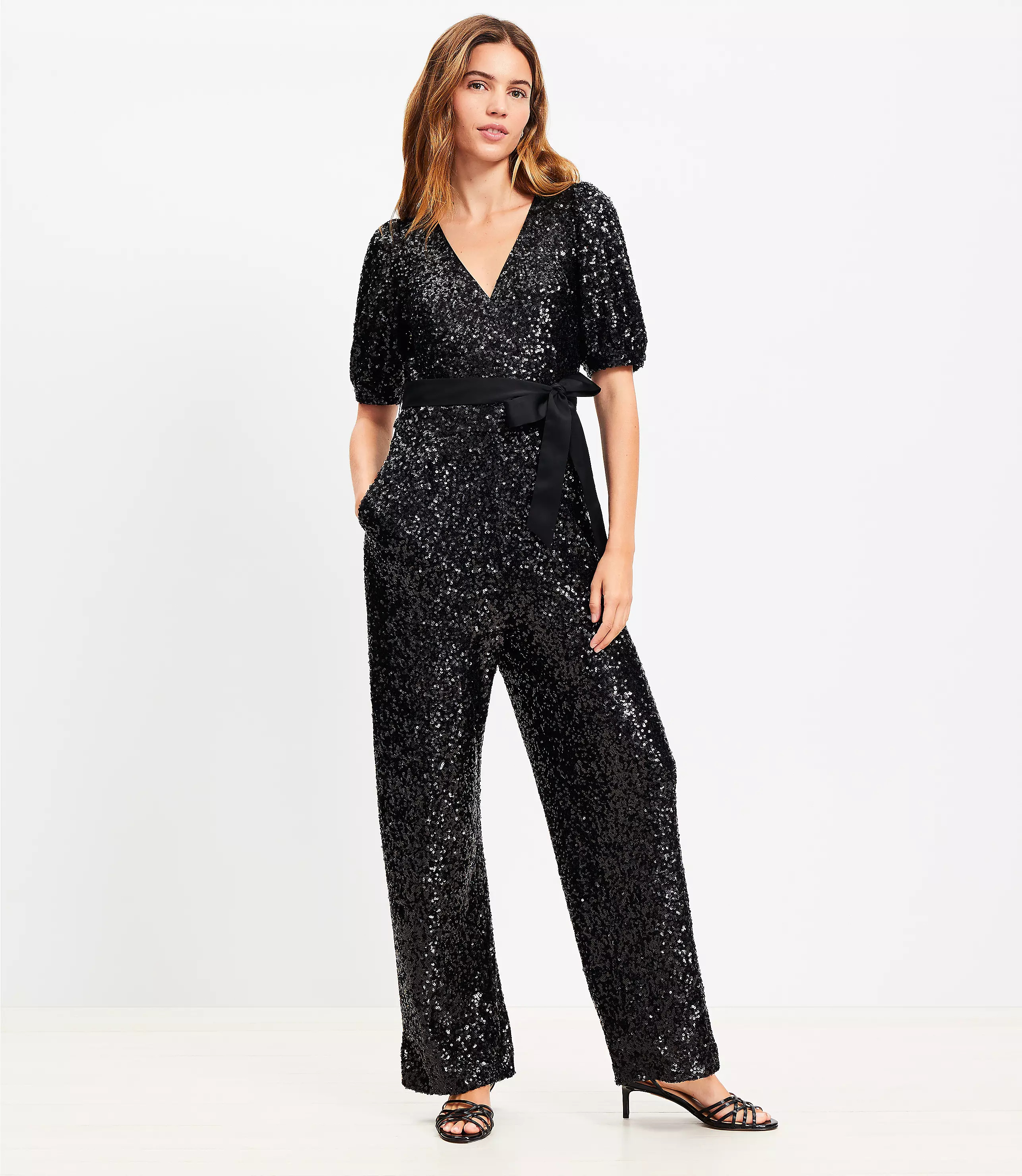 Petite Sequin Tie Waist Jumpsuit | LOFT