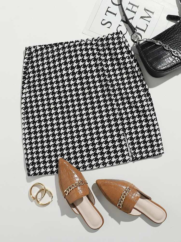 SHEIN Split Hem Houndstooth Skirt | SHEIN