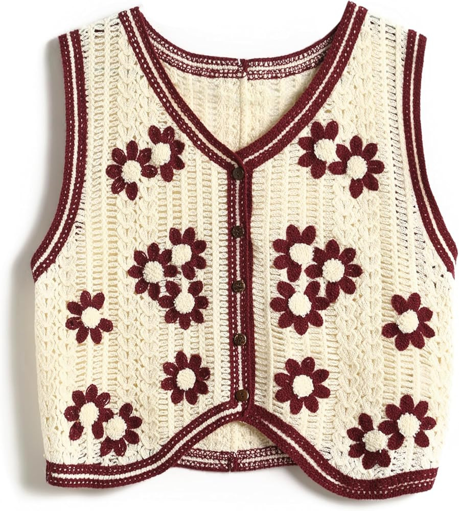 Women's Crop Crochet Vest Top Summer Button V Neck Embroidered Knit Sleeveless Sweater Vest | Amazon (US)