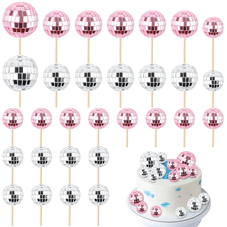 30Pcs Disco Ball Cupcake Toppers with Stick, Shiny Mini Disco Ball Picks Disco Theme Party Suppli... | Amazon (US)