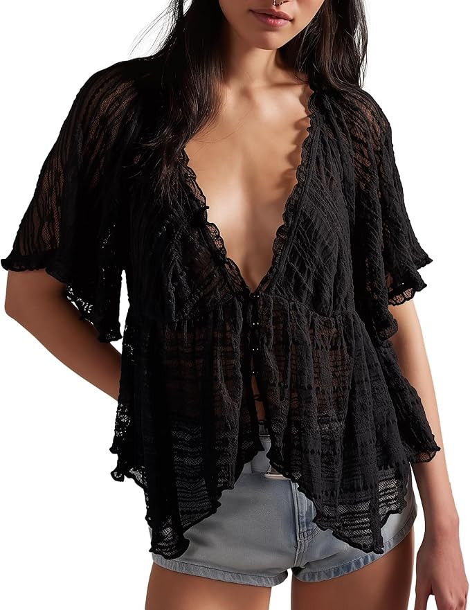 Floral Lace Top for Women Summer Sheer Blouse Ruffle Shirt Deep V Neck Sexy See Through Shirts Be... | Amazon (US)