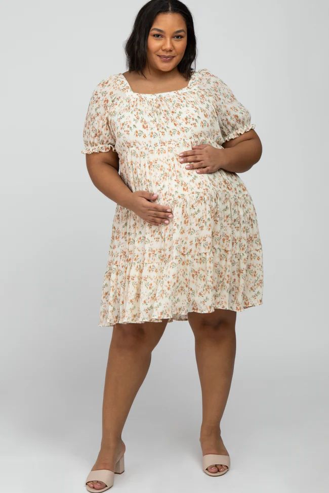 Ivory Floral Pleated Square Neck Maternity Plus Dress | PinkBlush Maternity