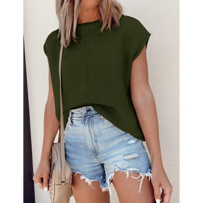Womens Summer Cap Sleeve Tops Trendy Casual Crew Neck Knit Lightweight Sweater Pullover Top Mustard Green_L | Target