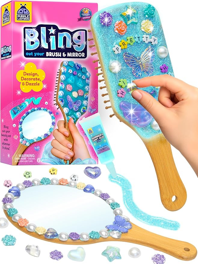 Decorate Your Own Wooden Mirror & Brush Set with Glitter Glue, Beads, Gems, Butterflies, & Ribbon... | Amazon (US)