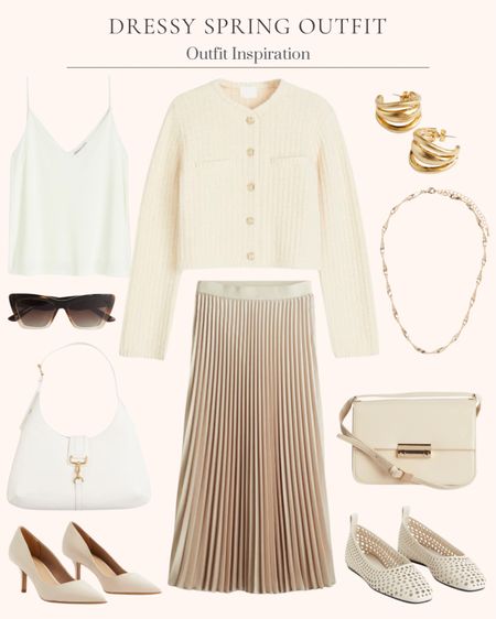 Women’s dressy spring outfit. Date night. Easter outfit. Outfit inspiration. Wedding guest outfit. Polarized sunglasses. Twisted gold necklace. Light beige crossbody bag. Gold chunky hoop earrings. Cream shoulder bag. Perforated flats. Light beige pumps. Short textured knit cardigan. Cream camisole top. Light beige pleated skirt  

#LTKover40 #LTKfindsunder50 #LTKmidsize