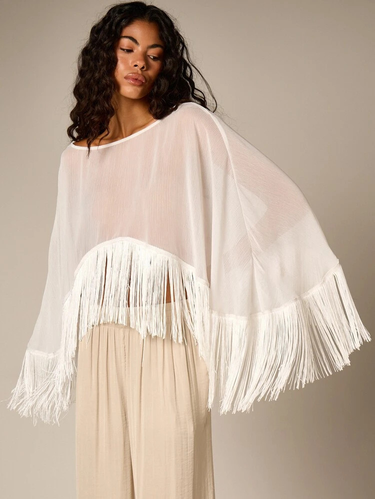 AiiRZ Chiffon Cape Top With Fringe Detail Boho Semi Sheer Flowing Long Sleeve Poncho Style Blouse... | SHEIN