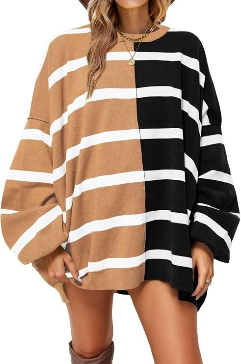 Fisoew Womens Striped Pullover Sweater Crew Neck Long Sleeve Loose Sweaters | Amazon (US)