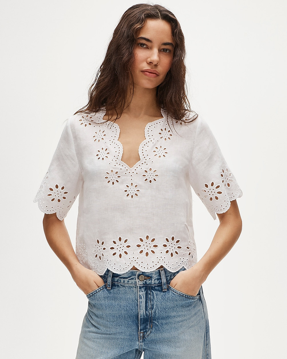 Embroidered eyelet top in linen | J. Crew US