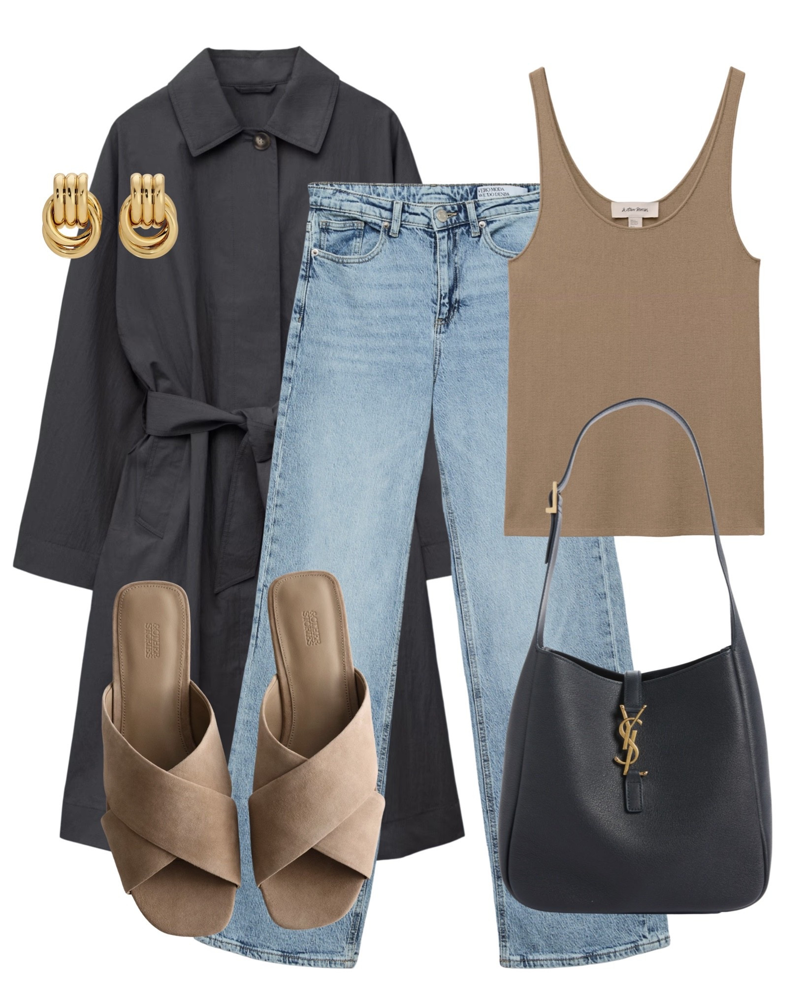 A dark belted coat layered over light denim creates a chic balance between structured and relaxed. Finished with warm beige slides and gold jewelry for a timeless city look with subtle elegance.✨

#LTKsummer #LTKstyletip #LTKspring
