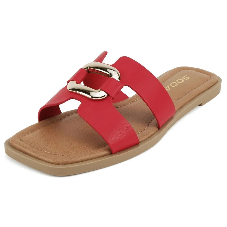 Soda Shoes Women Slip-On Sandals H-Band Flat Flip-Flops Slides Gold Buckle Square Toe FENG-S Hot ... | Walmart (US)