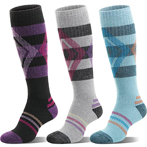 Welwoos Merino Wool Ski Socks for Womens Mens Thermal Winter Warm Thick Knee High Gift Sock Stocking Stuffers for Skiing Outdoor Sports Snowboarding 3 Pairs (Blue/Black/Grey A,M) | Amazon (US)