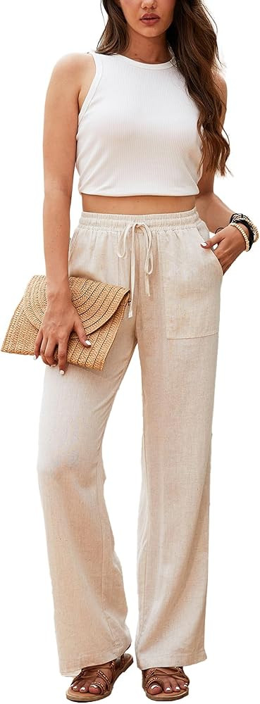 Beautiful Nomad Women's Linen High Waisted Straight Pants Casual Flowy Wide Leg Drawstring Trouse... | Amazon (US)