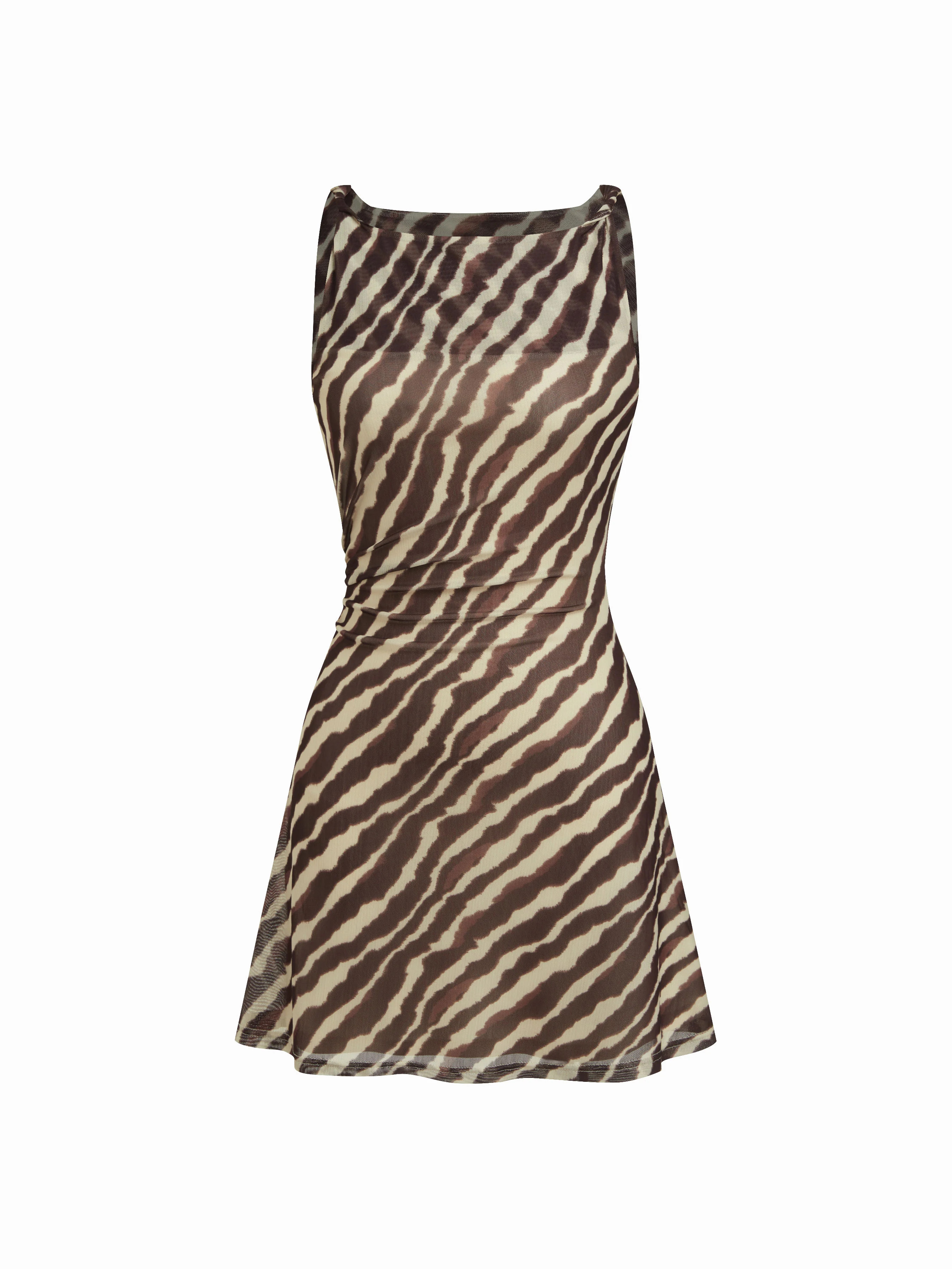 Mesh Mesh Zebra Striped Boat Neck Ruched Mini Dress For Daily Casual Work | Cider