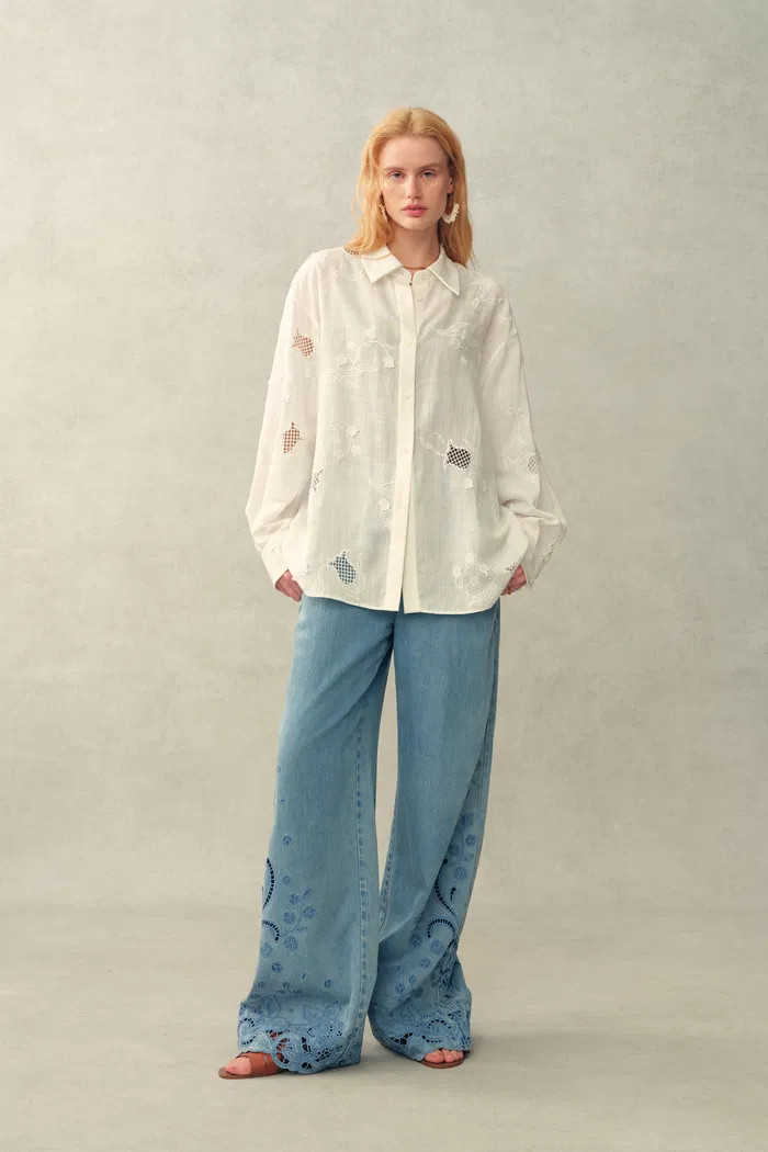 Leona Lily of the Valley Mesh Embroidery Shirt in Linen | Fabrique