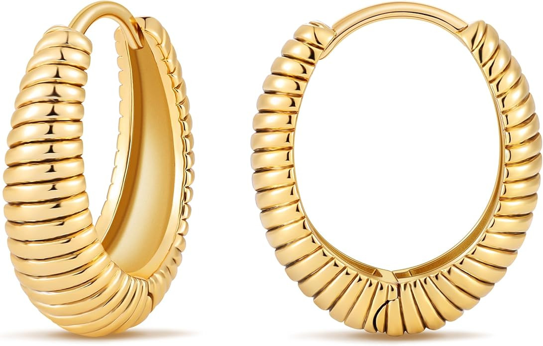 micuco Gold Hoop Earrings for Women, 18K Real Gold Plated Lightweight Chunky Gold Hoops, Hollow T... | Amazon (US)