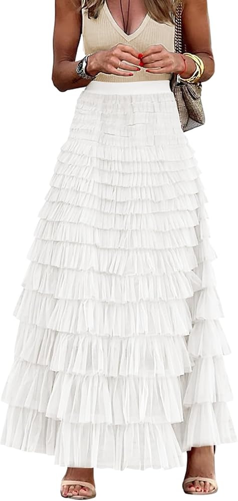 Women's Fairy Tulle Midi Skirt Sweet Elastic High Waist A-Line Ruffle Tiered Layered Mesh Puffy L... | Amazon (US)