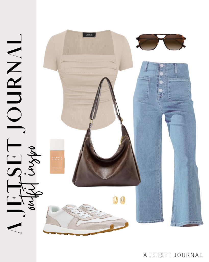 The first outfit pairs a beige CIDER square-neck top with Sidefeel wide-leg jeans. Pair it with TOMS retro lace-up sneakers and this slouchy shoulder bag. You can wear these SOJOS retro aviator sunglasses, too! 

 #LTKSeasonal #LTKSaleAlert #LTKTravel