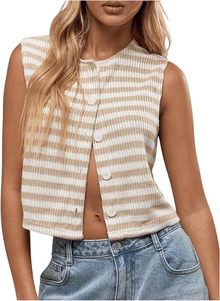 GORGLITTER Women's Striped Button Down Knitted Vest Crew Neck Sleeveless Cropped Sweater Vests | Amazon (US)
