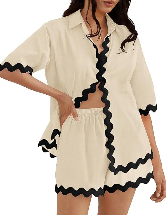 ZESICA Women's Button Down Pajama Set Line Short Sleeve Shirt and Shorts Pj Lounge Sets Sleepwear... | Amazon (US)