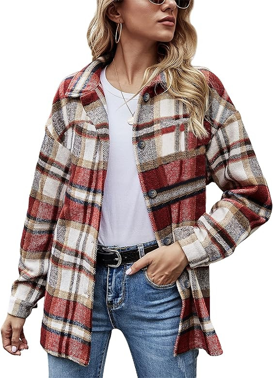 Yeokou Women's Fall Color Block Plaid Flannel Shacket Jacket Button Down Shirt Coat Tops | Amazon (US)
