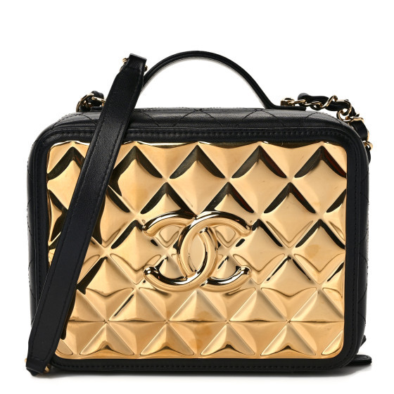 Lambskin Metal Quilted Golden Plate Vanity Case Black Golden Plate Vanity Case Black Gold | FASHIONPHILE (US)