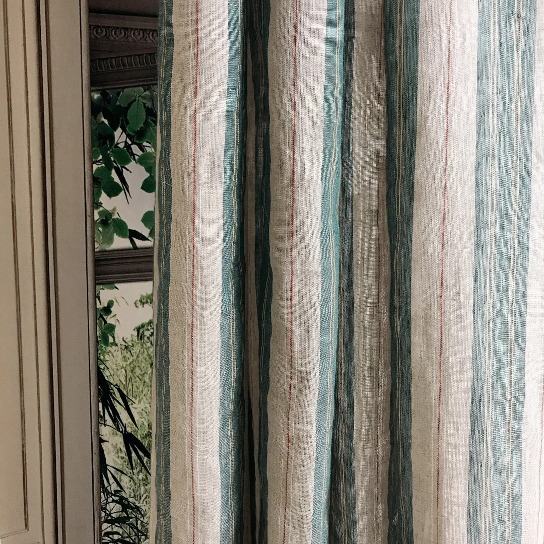 Modern Vintage Teal Green Red Vertical Stripes Pattern Linen Curtain Natural Beige Background Dra... | Etsy (US)