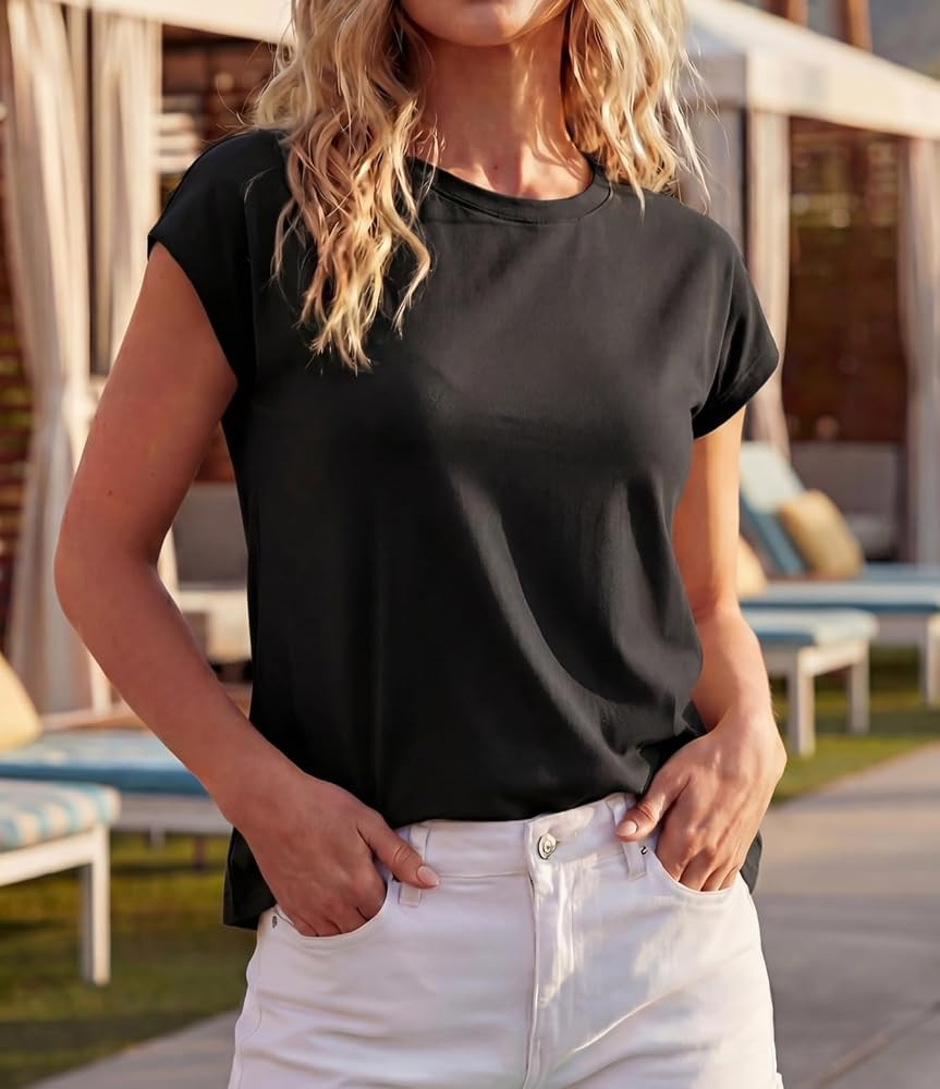GRECERELLE Womens Summer Tops Cap Sleeve Crew Neck Basic T-Shirt | Amazon (US)