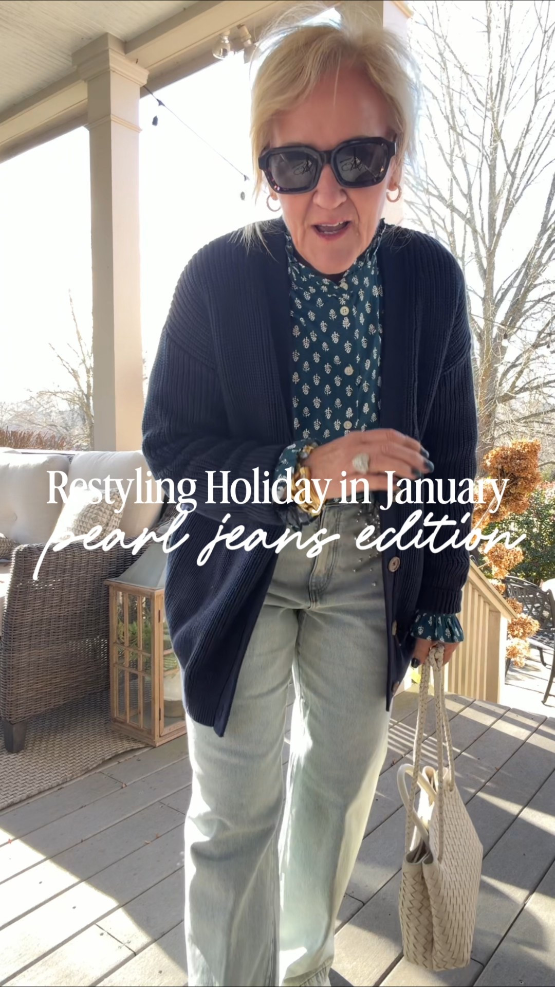 Pearl embellished jeans size 29 petite 
Blouse size medium 
Navy cardigan I’ll link similar it’s avail in a shorter version or long like this in a cable knit 
Comfiest white sneakers 

#LTKootd #LTKPetite #LTKOver40