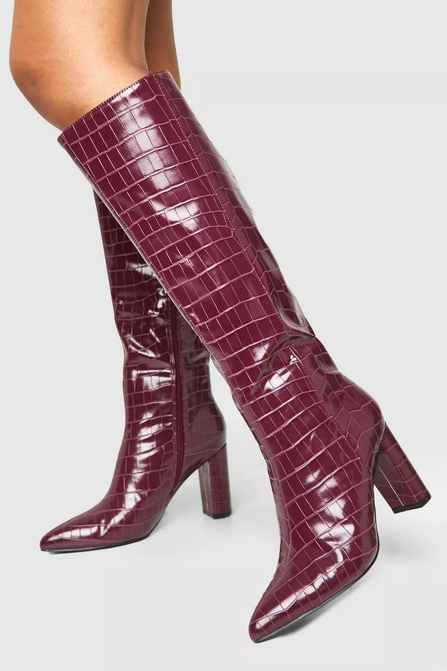 Wide Fit Croc Pointed Knee High Heeled Boots | boohoo (US & Canada)