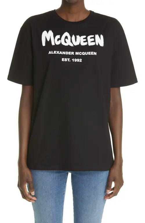 Alexander McQueen Women's Graffiti Logo Graphic Tee in Black/White at Nordstrom, Size 0 Us | Nordstrom