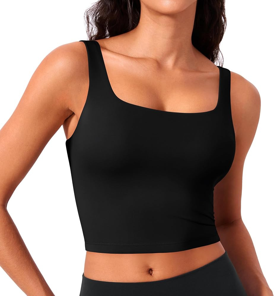 PINSPARK Sports Bra for Women Square Neck Longline Tank Top with Built in Bra | Amazon (US)