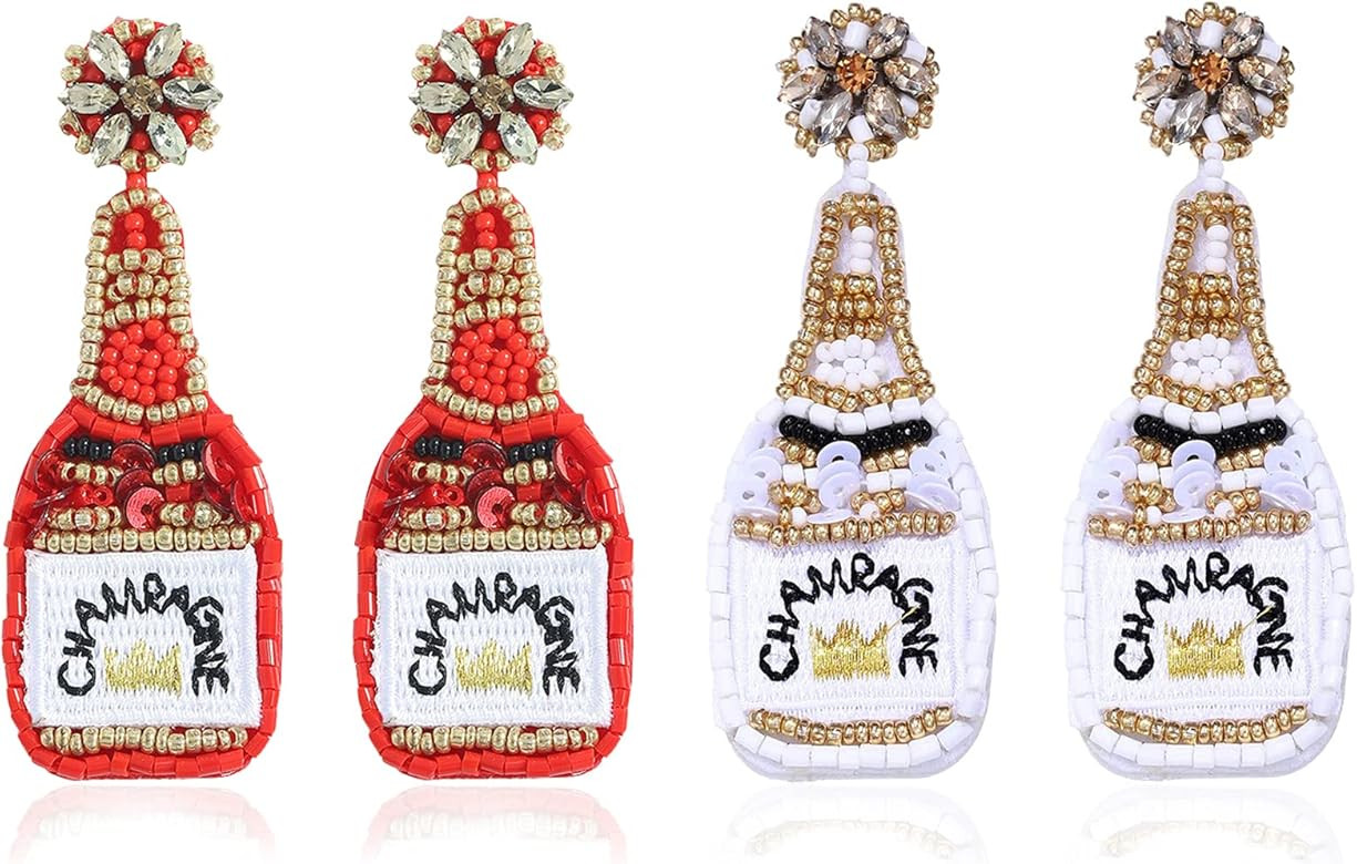 Dvacaman 2 Pairs Beaded Fun Champange Bottle Earrings Sets for Women Girls Handmade Bead Champagne B | Amazon (US)