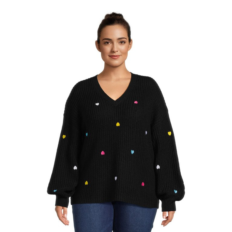 What's Next Women's Plus Size V-Neck Pullover with Heart Embroidery | Walmart (US)