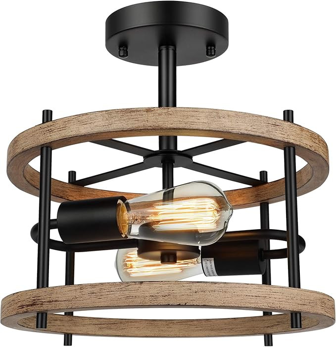 Lakumu 2-Light Retro Semi Flush Mount Ceiling Light Fixture, Rustic Vintage Wood Ceiling Light Bl... | Amazon (US)