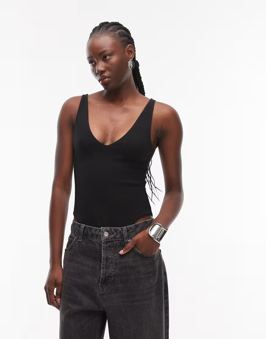 ASOS DESIGN compact cotton v neck bodysuit in black | ASOS (Global)