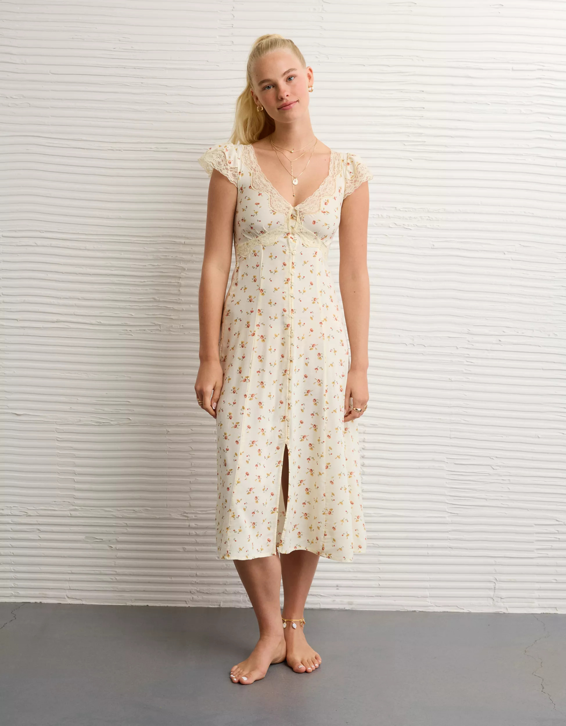 AE Lace Trim Tie-Front Midi Dress | American Eagle Outfitters (US & CA)