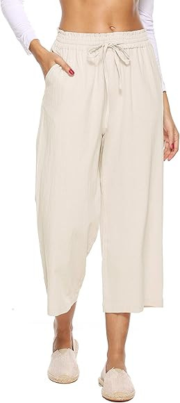 LNX Womens Linen Pants High Waisted Wide Leg Drawstring Casual Loose Trousers with Pockets | Amazon (US)