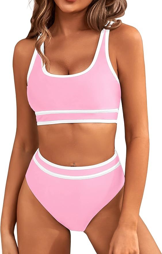 BMJL Women's High Waisted Bikini Sets Sporty Two Piece Swimsuits Color Block Cheeky High Cut Bath... | Amazon (US)